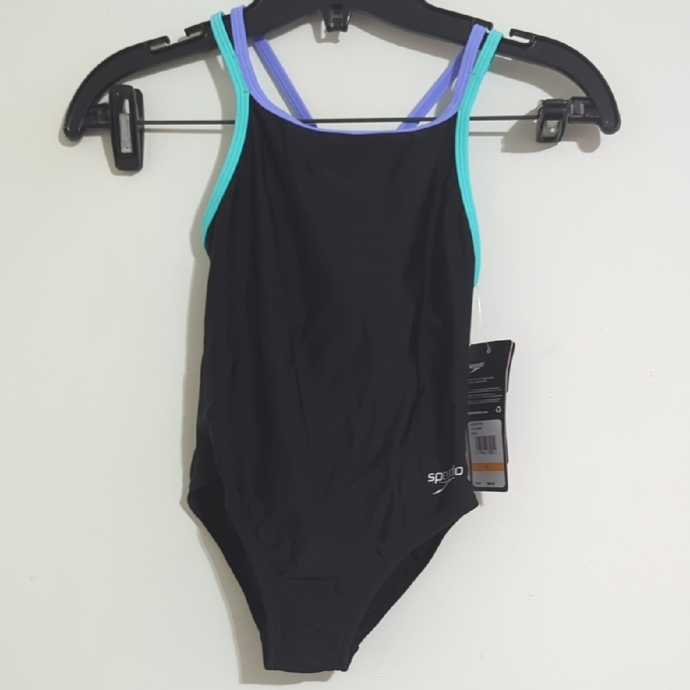 Speedo Black Swimsuit with Blue and Purple Straps